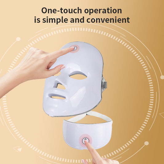 White LED face mask with one-touch operation on a beige background