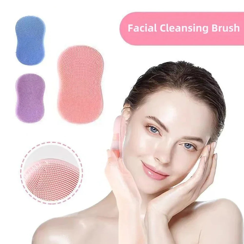 Facial cleansing brush with a woman using it, shown in pink, blue, and purple colors.

