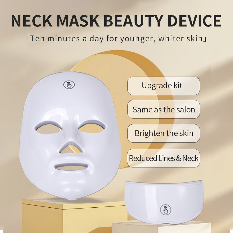 Neck mask beauty device with features listed on a beige background