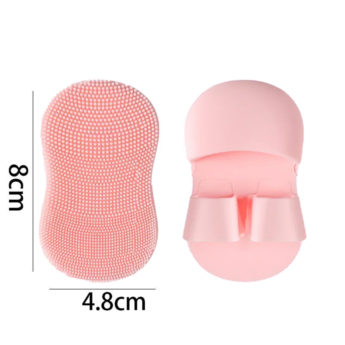 Pink silicone scrubber with measurements on a white background


