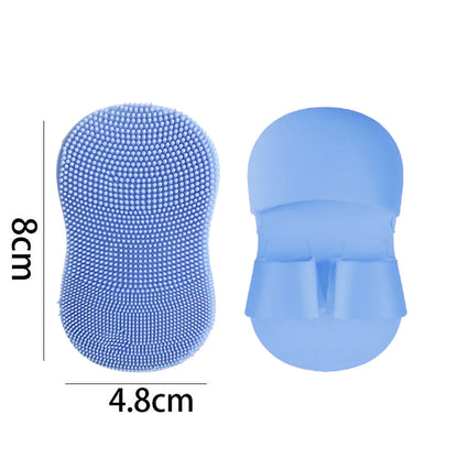 Two blue silicone scrubbers with measurements on a white background

