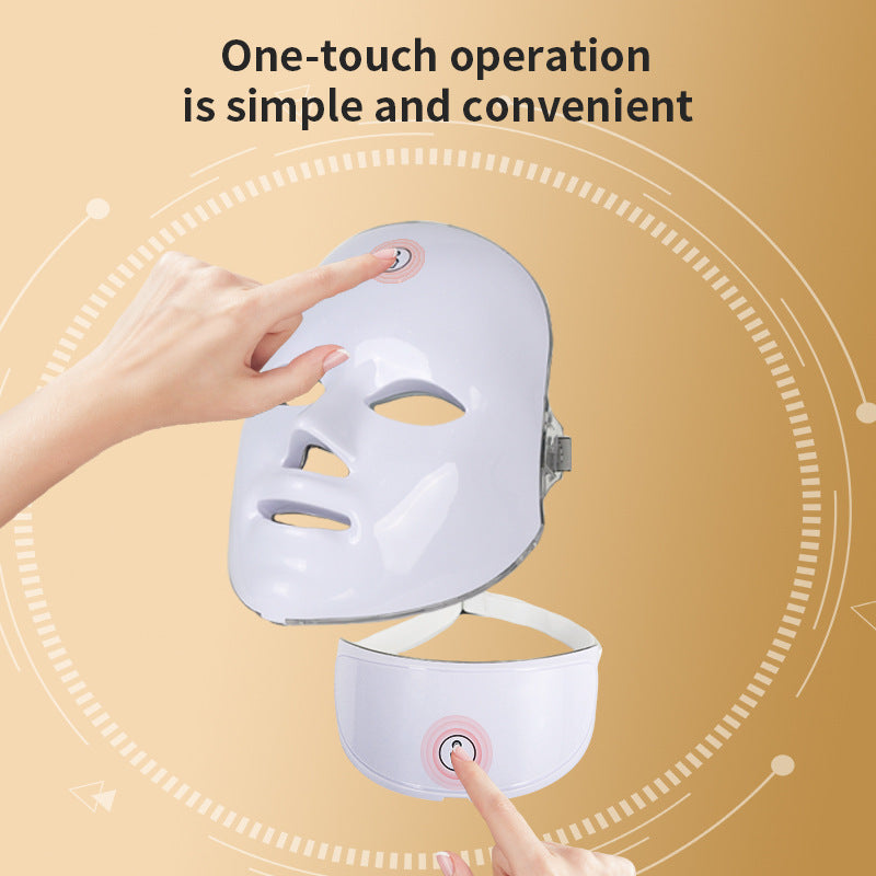 White LED face mask with one-touch operation on a beige background

