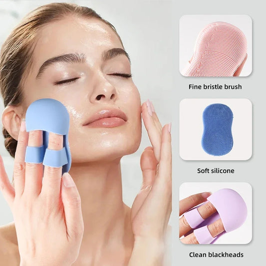 Woman using a facial cleansing tool with inset images of brush and silicone tools.

